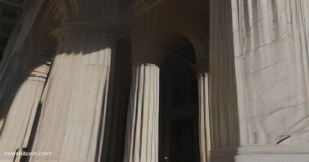 A cinematic photorealistic editorial photograph shot from a low angle looking up at the neoclassical stone facade of the US D