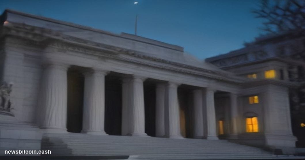 Cinematic photorealistic editorial photograph of the US Treasury Building in Washington D.C., shot from a low angle at dusk, 