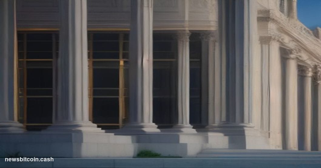 A cinematic photorealistic editorial photograph of the US Treasury Department's iconic neoclassical headquarters in Washingto