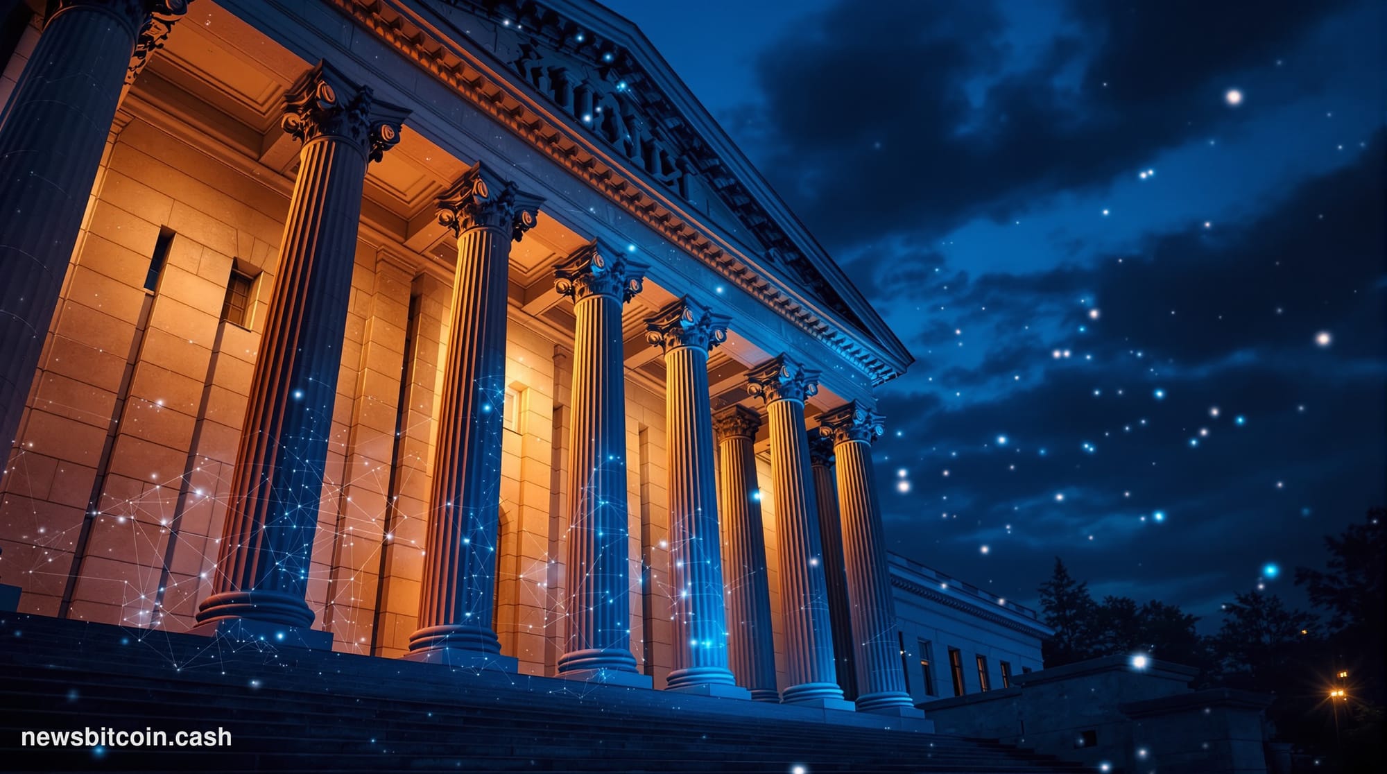 Cinematic photorealistic editorial photograph of the U.S. Department of the Treasury building in Washington D.C., shot from a