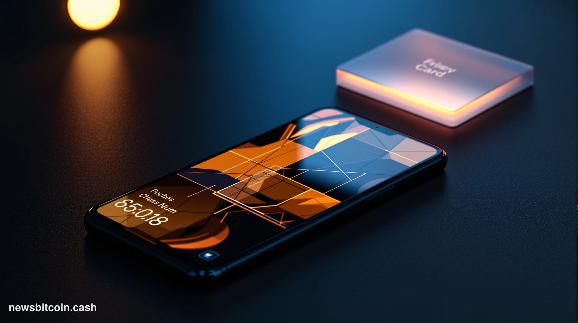 A cinematic photorealistic editorial photograph of a sleek iPhone resting on a dark matte surface, its screen glowing with a 