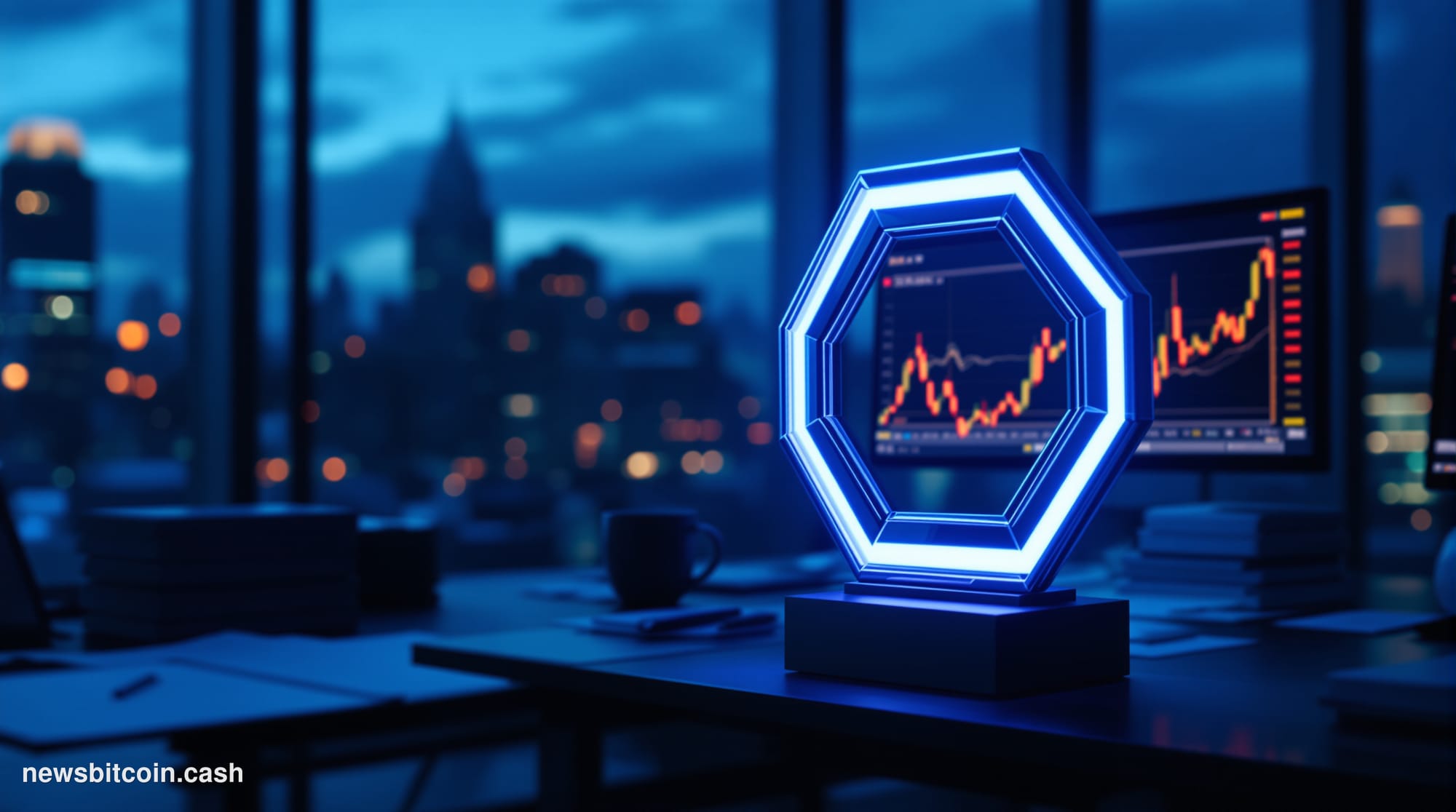 Cinematic photorealistic editorial photograph of a glowing Chainlink hexagonal logo rendered in deep cobalt blue and silver, 
