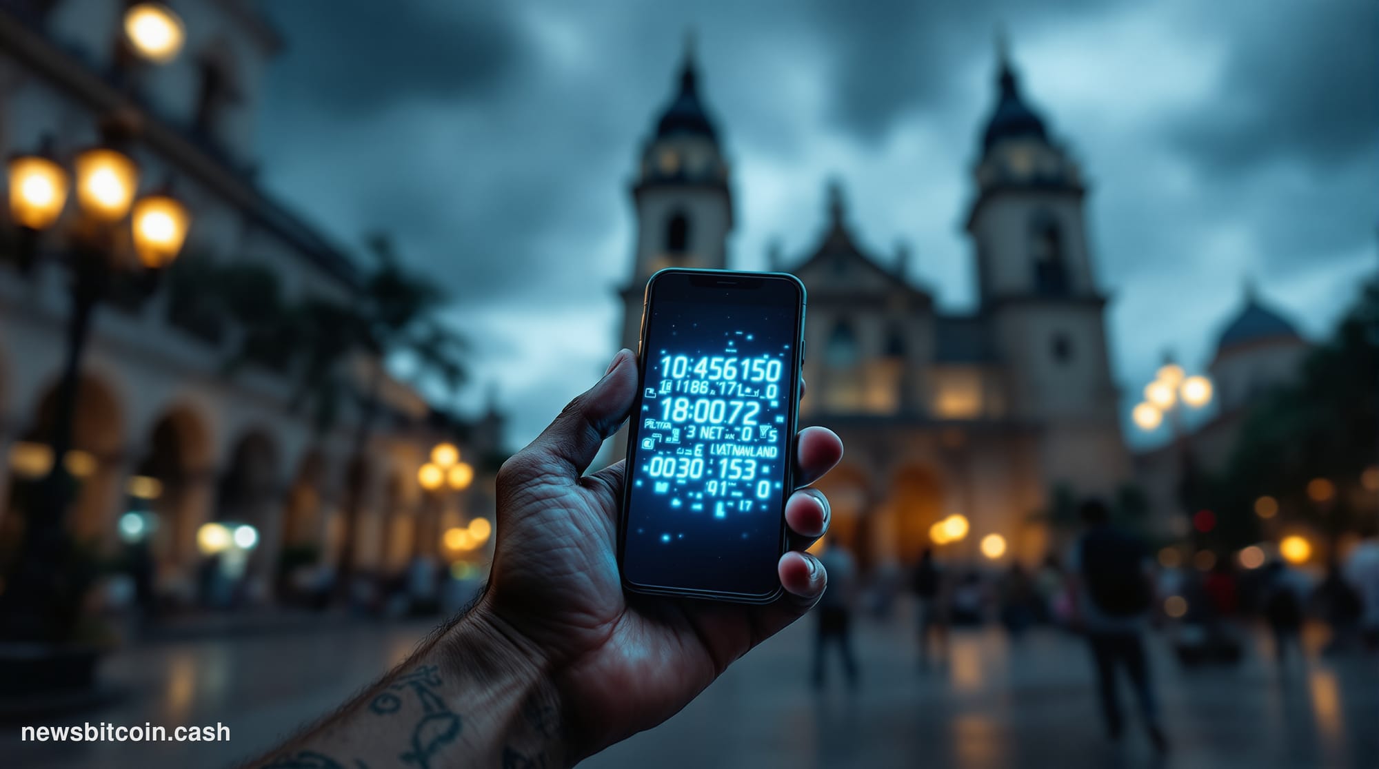 Cinematic photorealistic editorial photograph shot at street level in Caracas, Venezuela, with the iconic Plaza Bolívar and C