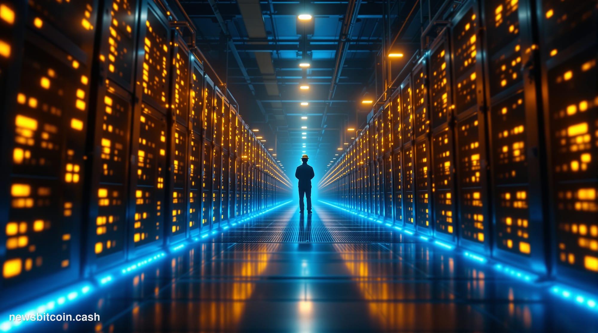 A cinematic photorealistic editorial photograph of a large-scale cryptocurrency mining facility interior, shot from a low wid