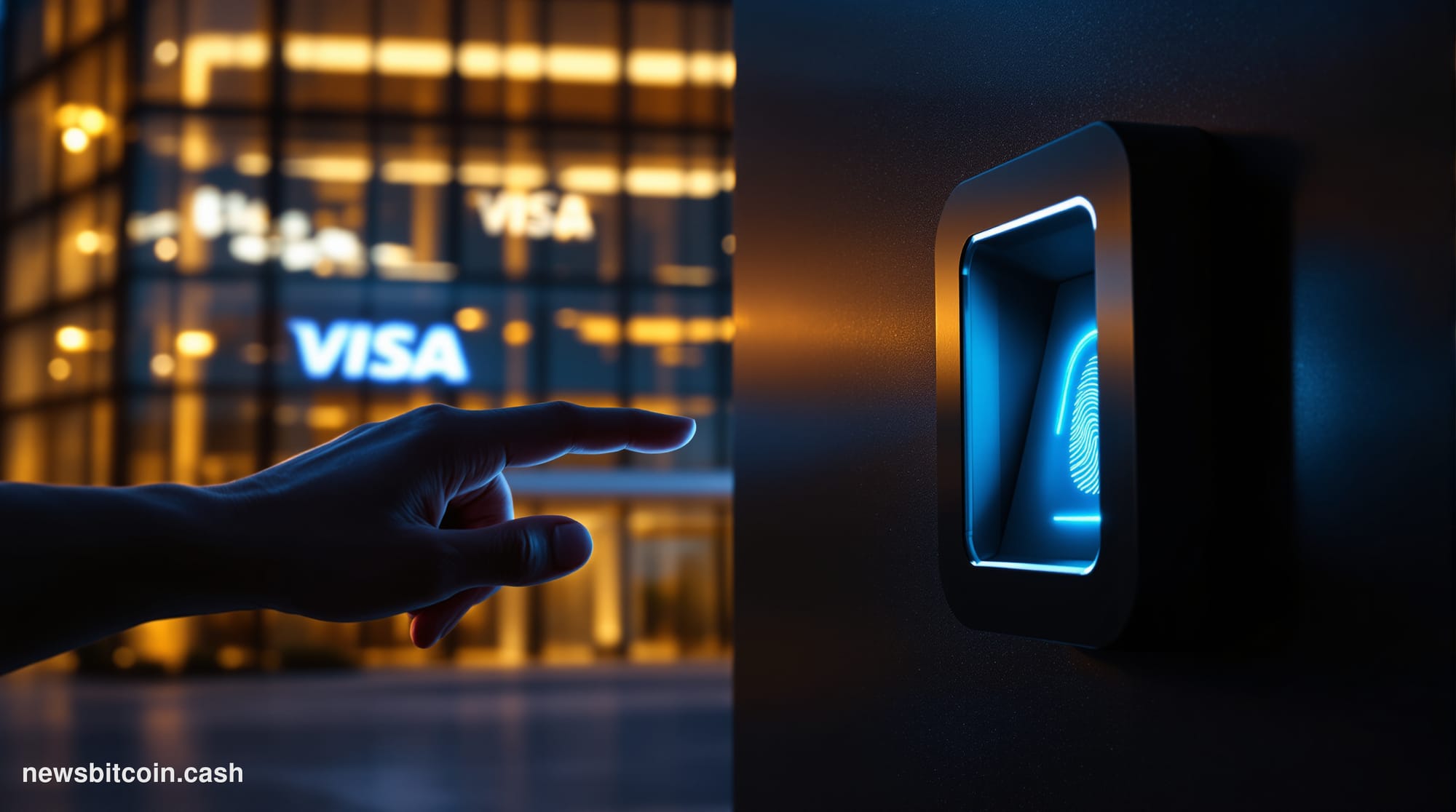 Cinematic photorealistic editorial photograph of Visa's corporate headquarters in Foster City, California, shot at dusk with 