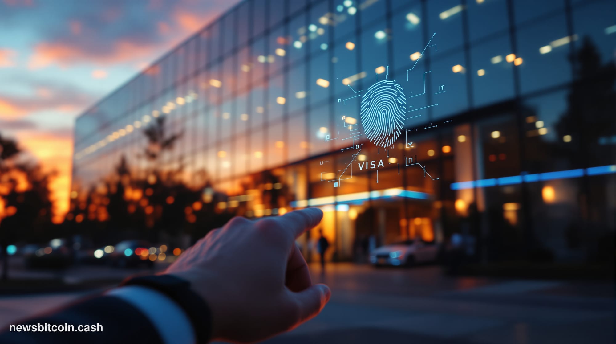 Cinematic photorealistic editorial photograph of Visa's corporate headquarters in Foster City, California, shot at dusk with 