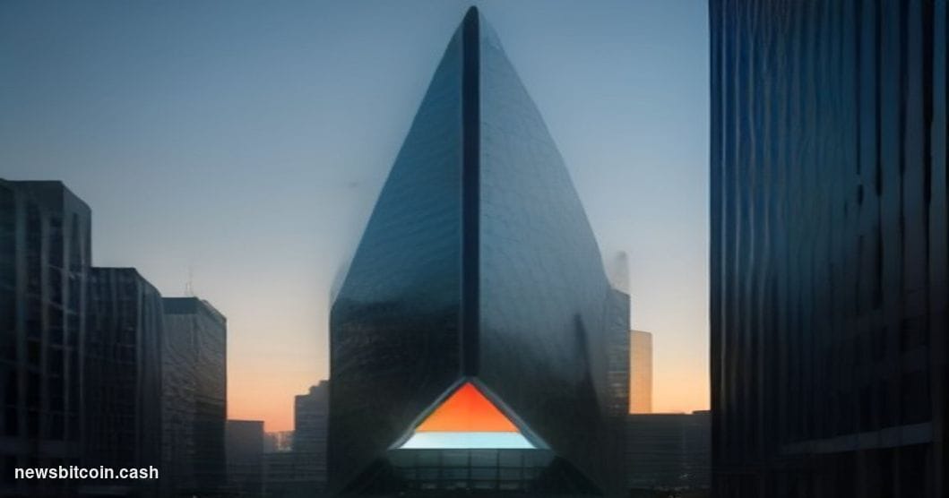 Cinematic photorealistic editorial photograph of a sleek, modern financial district at dusk, with three towering glass corpor