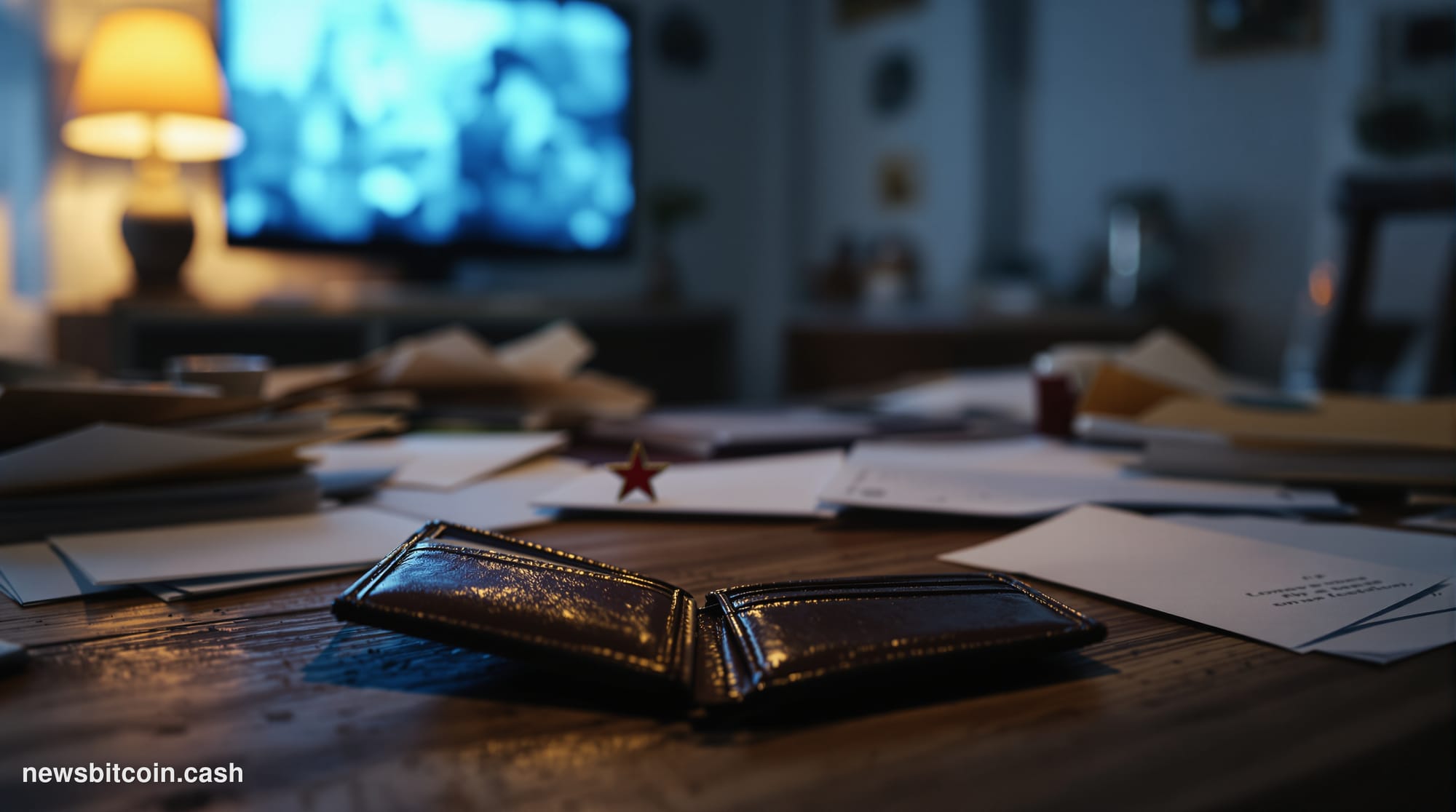 Cinematic photorealistic editorial photograph of a worn American family kitchen table at dusk, dramatic side-lighting from a 