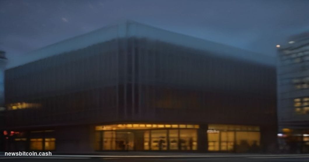 Cinematic photorealistic editorial photograph of the Coinbase San Francisco headquarters building exterior, shot at dusk with