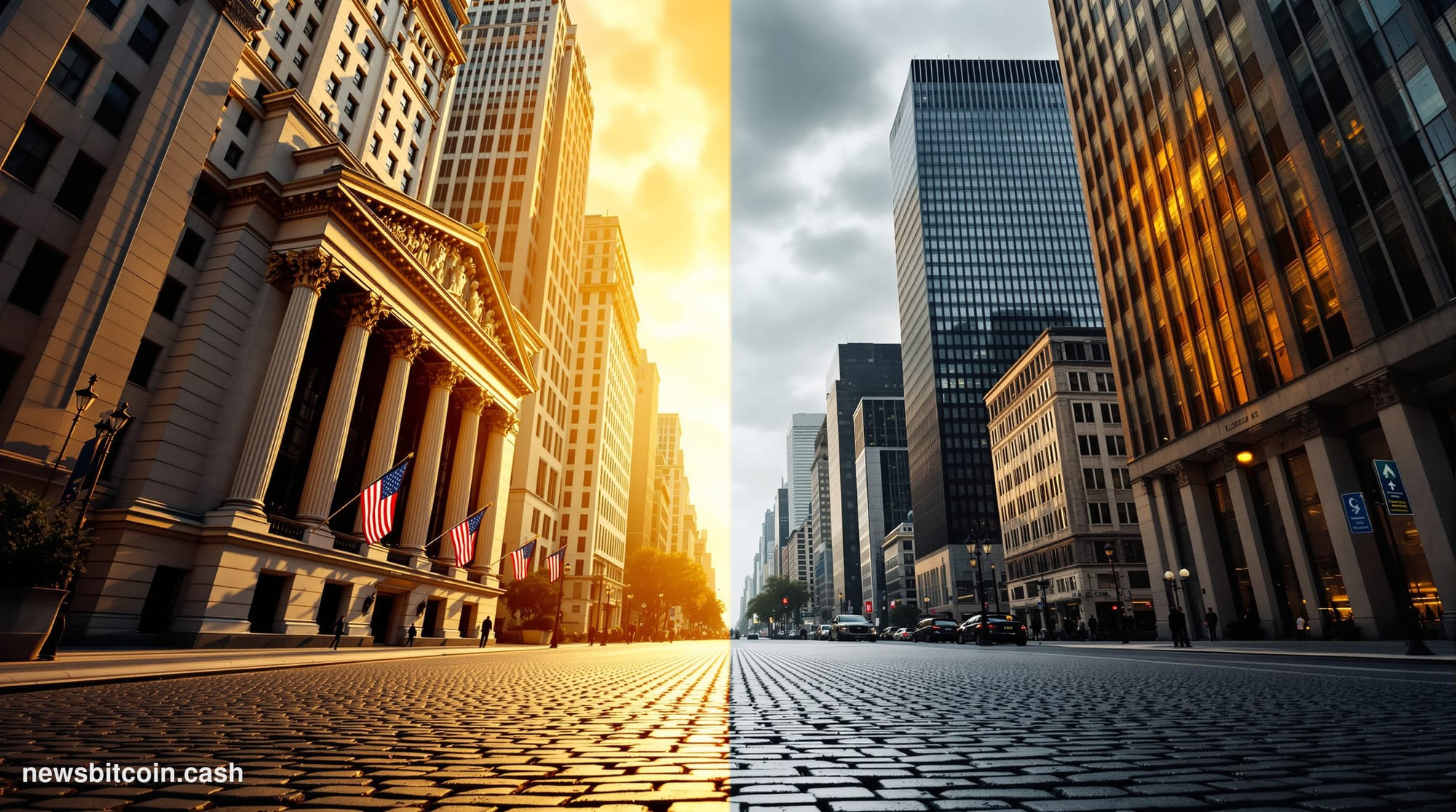 Cinematic photorealistic editorial photograph of a split composition: on the left, the neoclassical facade of the New York St