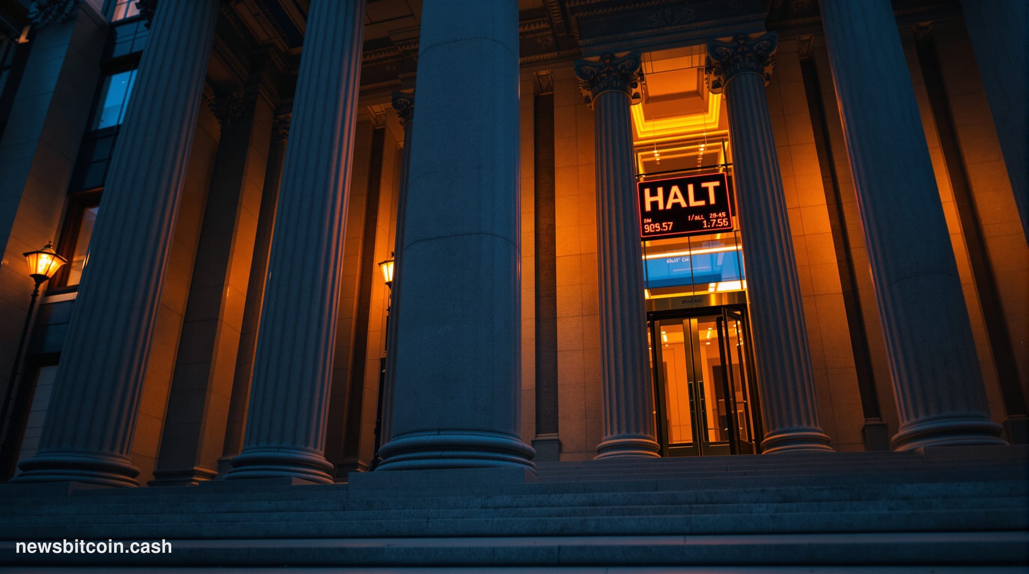 A cinematic photorealistic editorial photograph of the SEC headquarters building in Washington D.C., shot from a low angle at