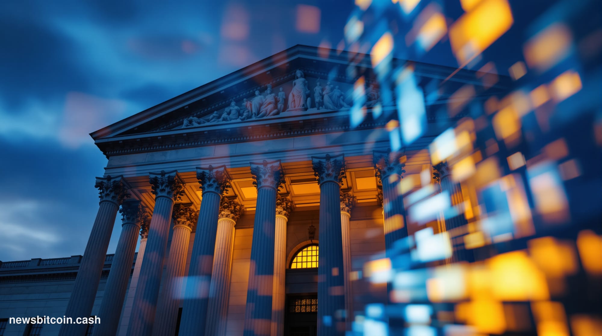 Cinematic photorealistic editorial photograph of the Federal Reserve's Eccles Building in Washington D.C., shot from a low an