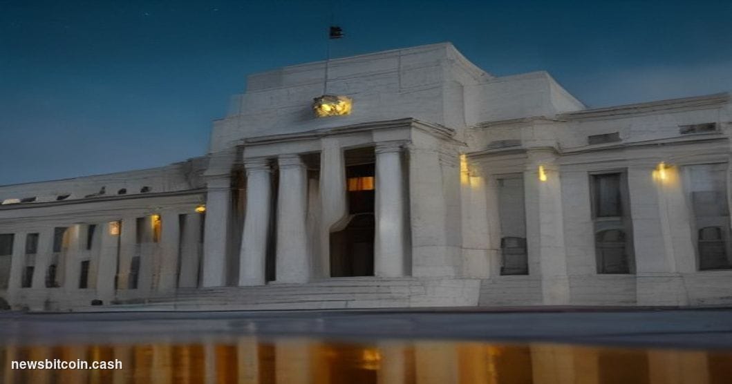 Cinematic photorealistic editorial photograph of the U.S. Federal Reserve building in Washington D.C. at dusk, its neoclassic