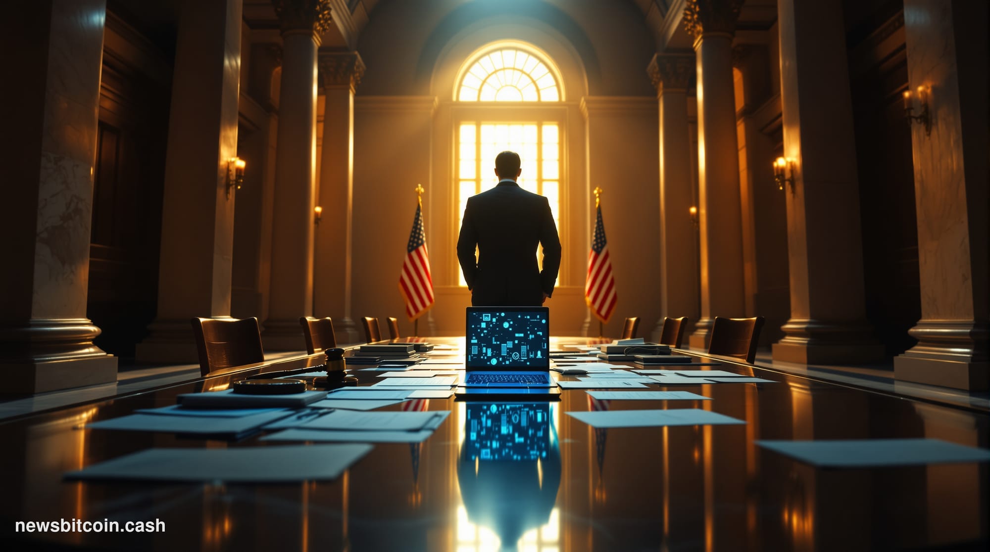 A cinematic photorealistic editorial photograph set inside a grand Washington D.C. federal building corridor — marble columns