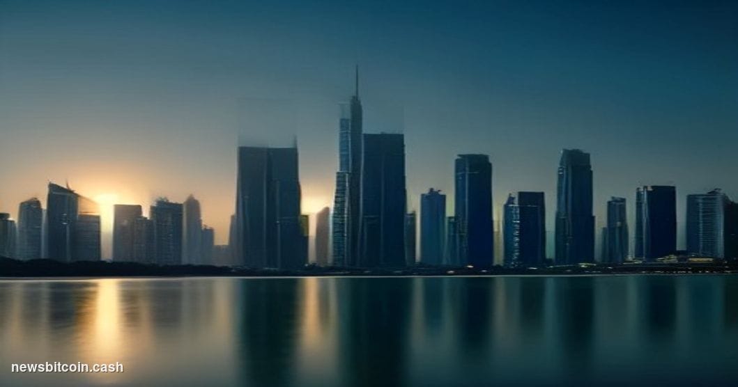 Cinematic photorealistic editorial photograph of the Dubai Financial District skyline at dusk, shot from a low angle looking 
