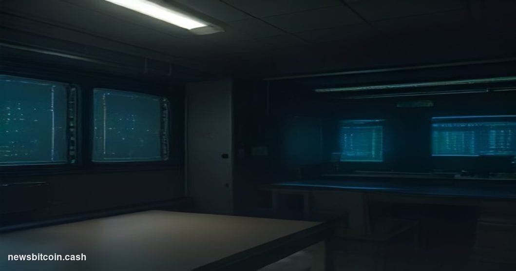 Cinematic photorealistic editorial photograph of a dimly lit server room with a single illuminated terminal screen displaying