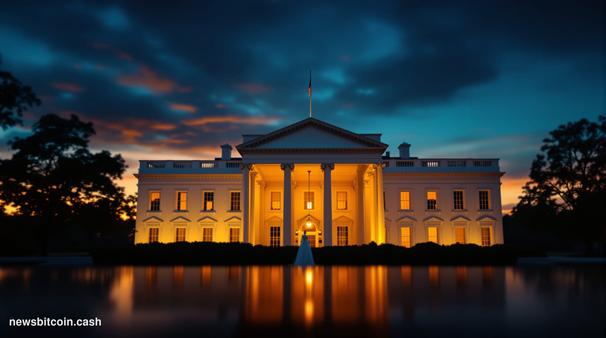 Cinematic photorealistic editorial photograph of the White House's iconic North Portico at dusk, shot from a low angle lookin