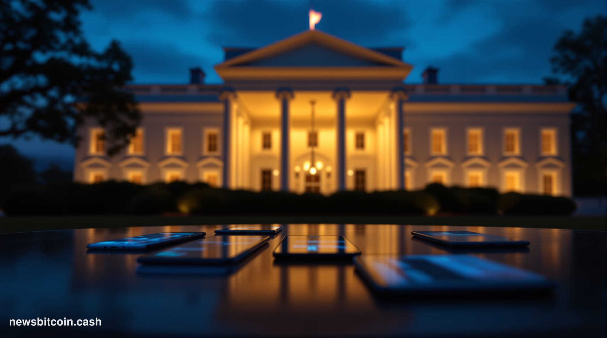 Cinematic photorealistic editorial photograph of the White House's South Portico at dusk, warm amber light spilling from inte