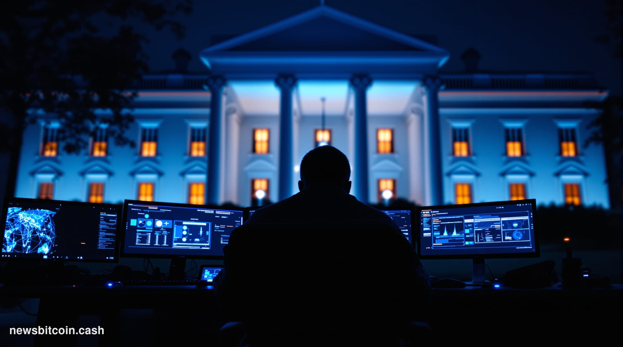 Cinematic photorealistic editorial photograph of the White House's North Portico at night, shot from a low angle with dramati