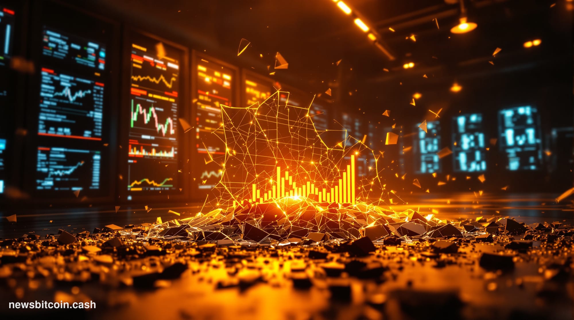 A cinematic photorealistic editorial photograph of a shattered glass trading terminal screen in a dimly lit financial operati