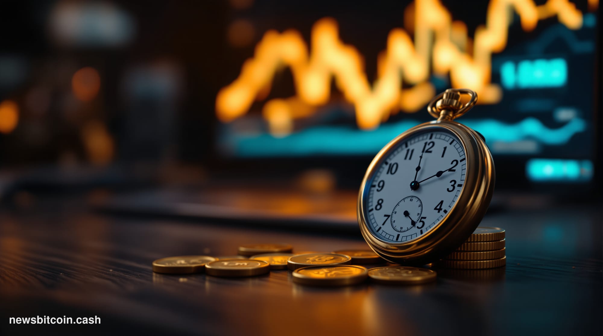 Cinematic photorealistic editorial photograph of a vintage brass pocket watch resting on a stack of physical gold Bitcoin coi