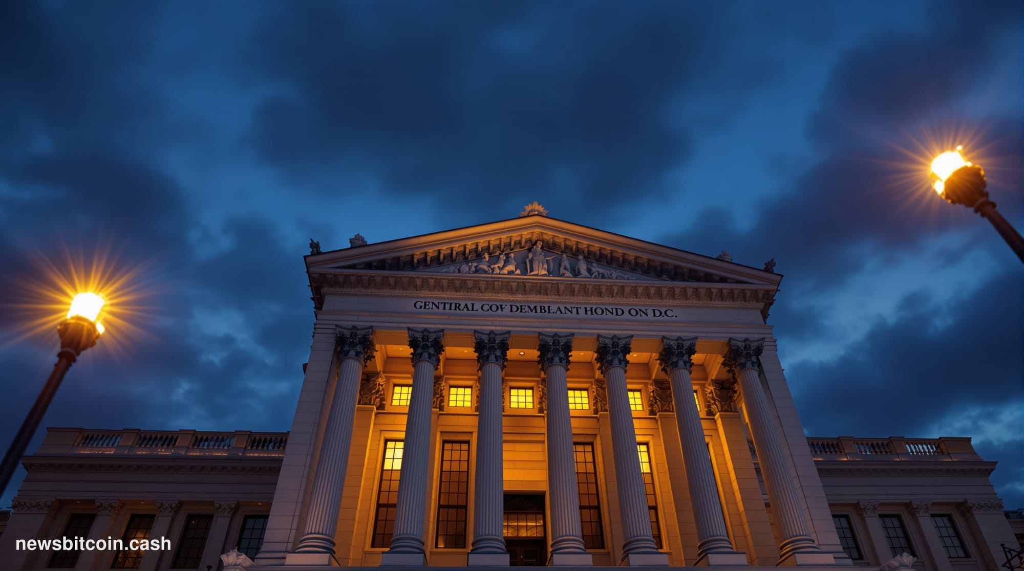 Cinematic photorealistic editorial photograph of the Office of the Comptroller of the Currency headquarters building in Washi