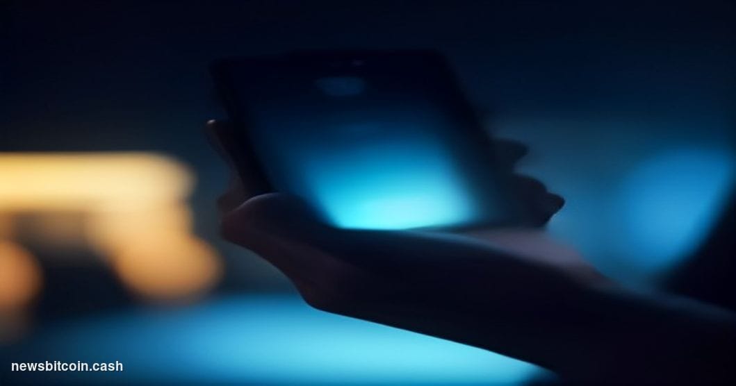 A cinematic photorealistic editorial photograph of a sleek smartphone held in a partially shadowed hand, its screen glowing w