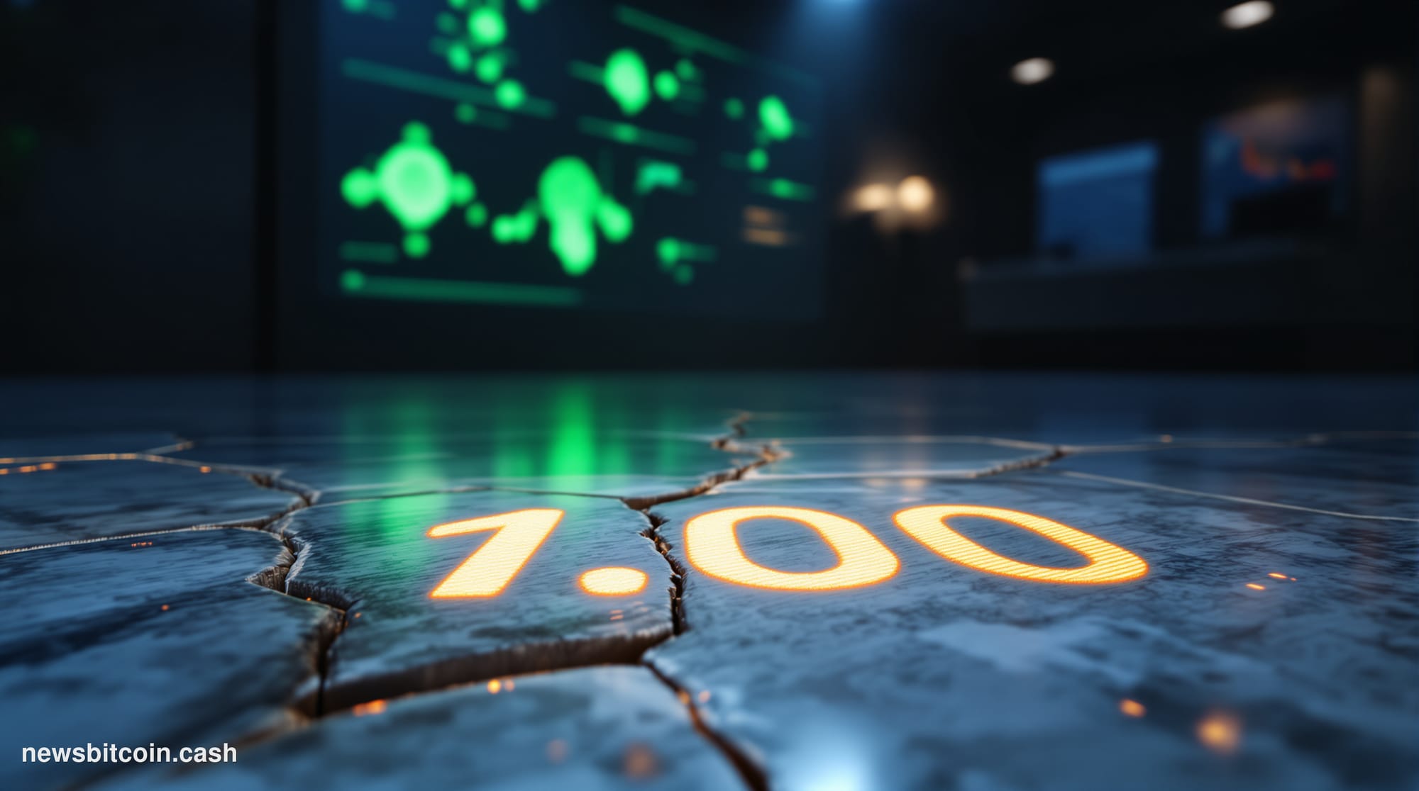 Cinematic photorealistic editorial photograph of a cracked marble floor tile engraved with the number "1.00" in bold numerals
