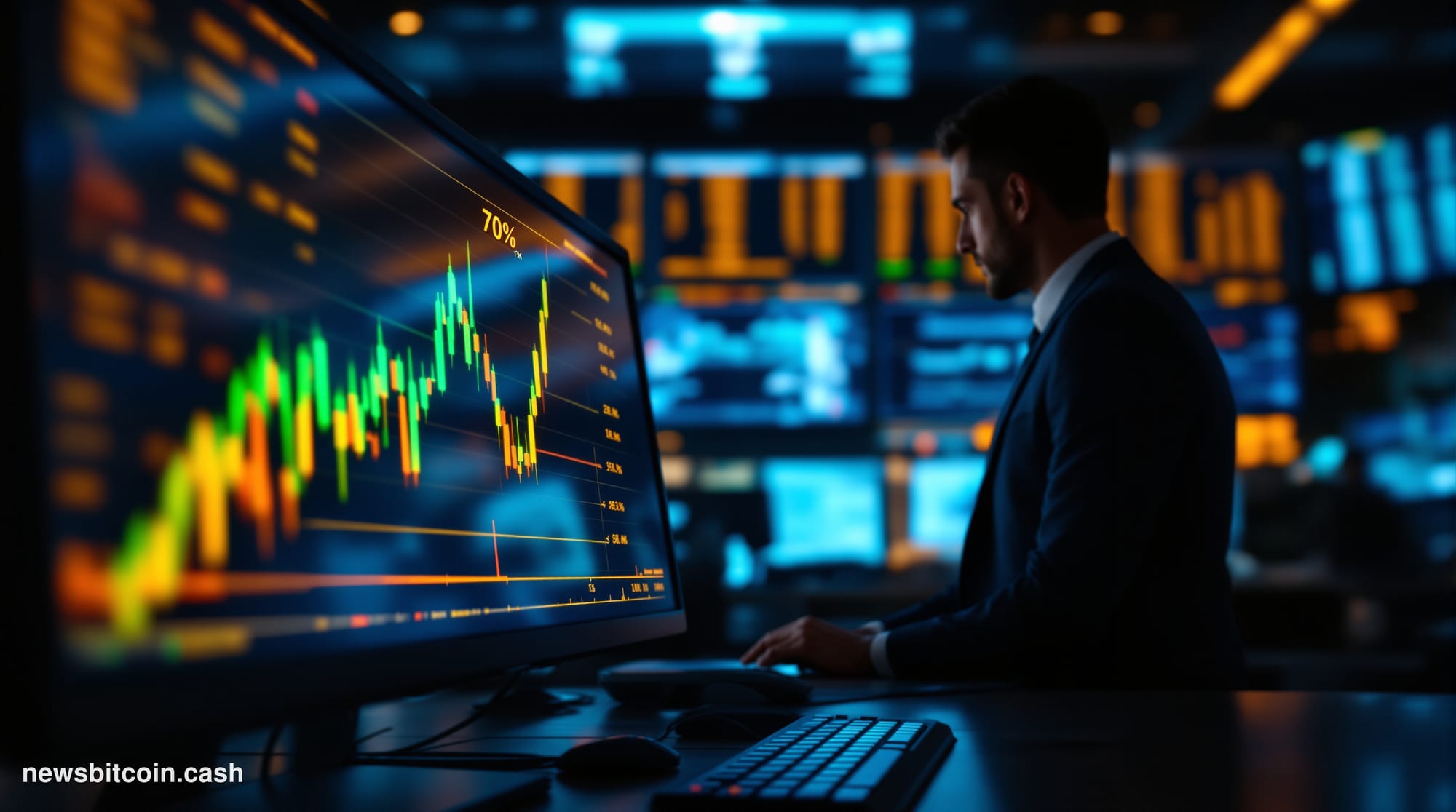 Cinematic photorealistic editorial photograph of a dramatic trading floor environment bathed in warm amber and deep blue ligh
