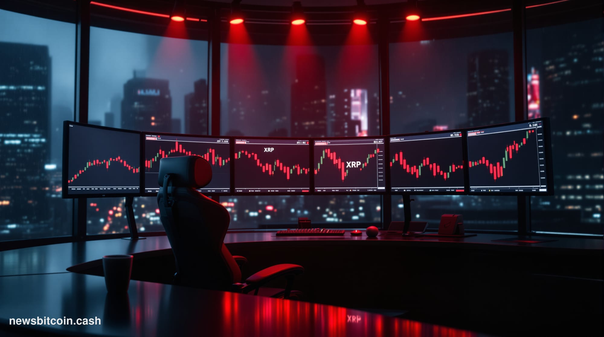 Cinematic photorealistic editorial photograph of a trading floor environment at night, dramatically lit with deep red and amb