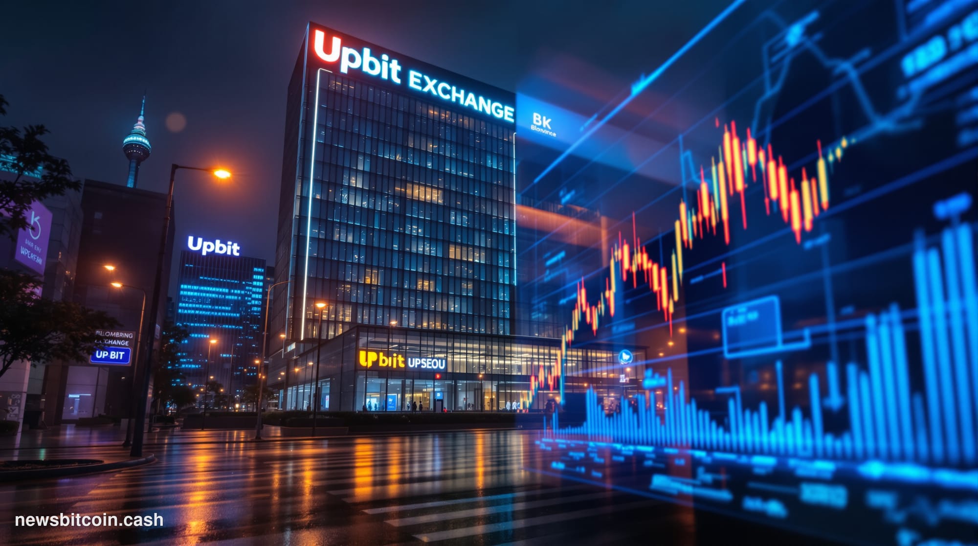 Cinematic photorealistic editorial photograph of the Upbit exchange headquarters in Seoul, South Korea, shot from a low angle