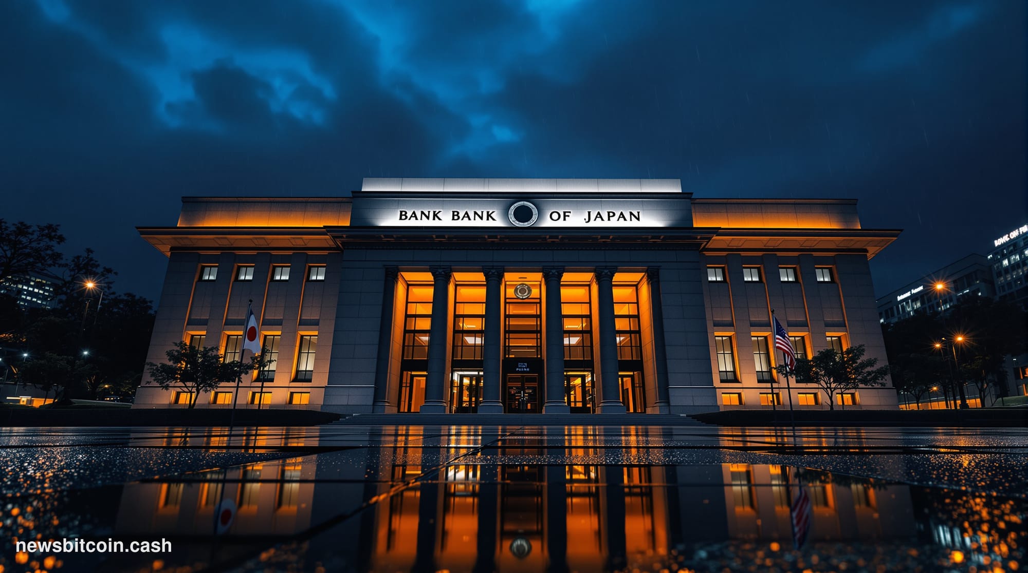 Cinematic photorealistic editorial photograph of the Bank of Japan headquarters in Tokyo at dusk, its distinctive brutalist s