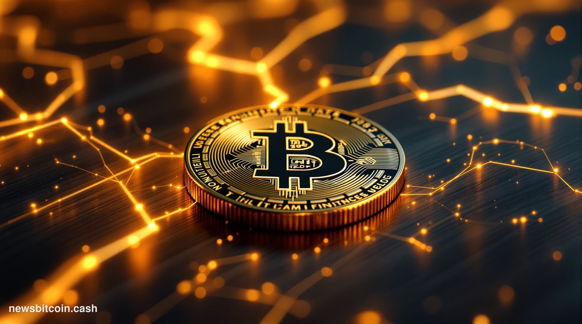 Cinematic photorealistic editorial photograph of a gleaming physical Bitcoin coin resting on a dark brushed-steel surface, su