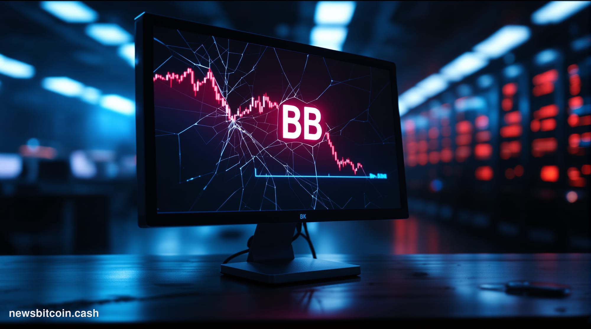 Cinematic photorealistic editorial photograph of a darkened cryptocurrency trading floor environment, with a single cracked c