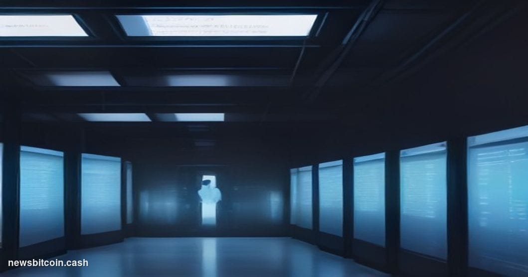 Cinematic photorealistic editorial photograph shot at a low angle in a dimly lit server room corridor, with two glowing scree
