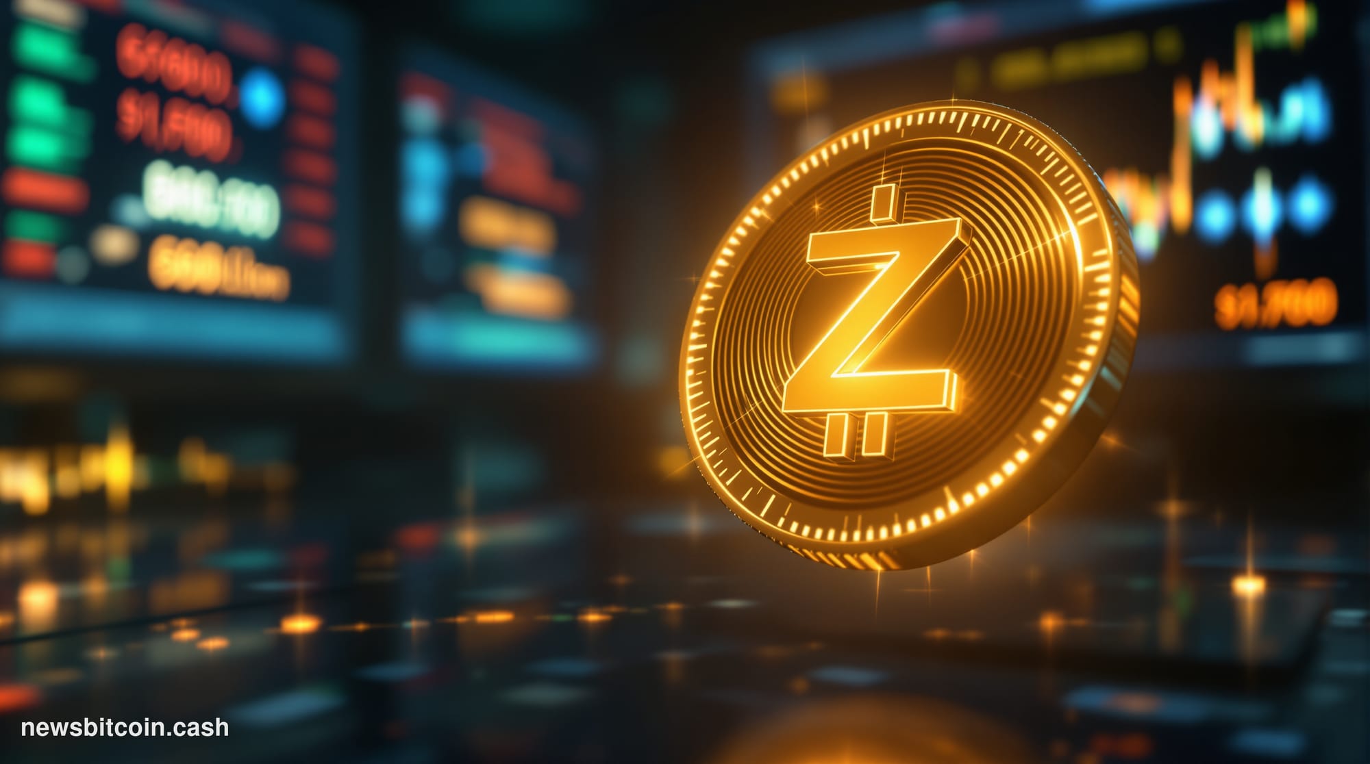 Cinematic photorealistic editorial photograph of a glowing ZEC coin rendered in deep silver and gold tones, hovering above a 