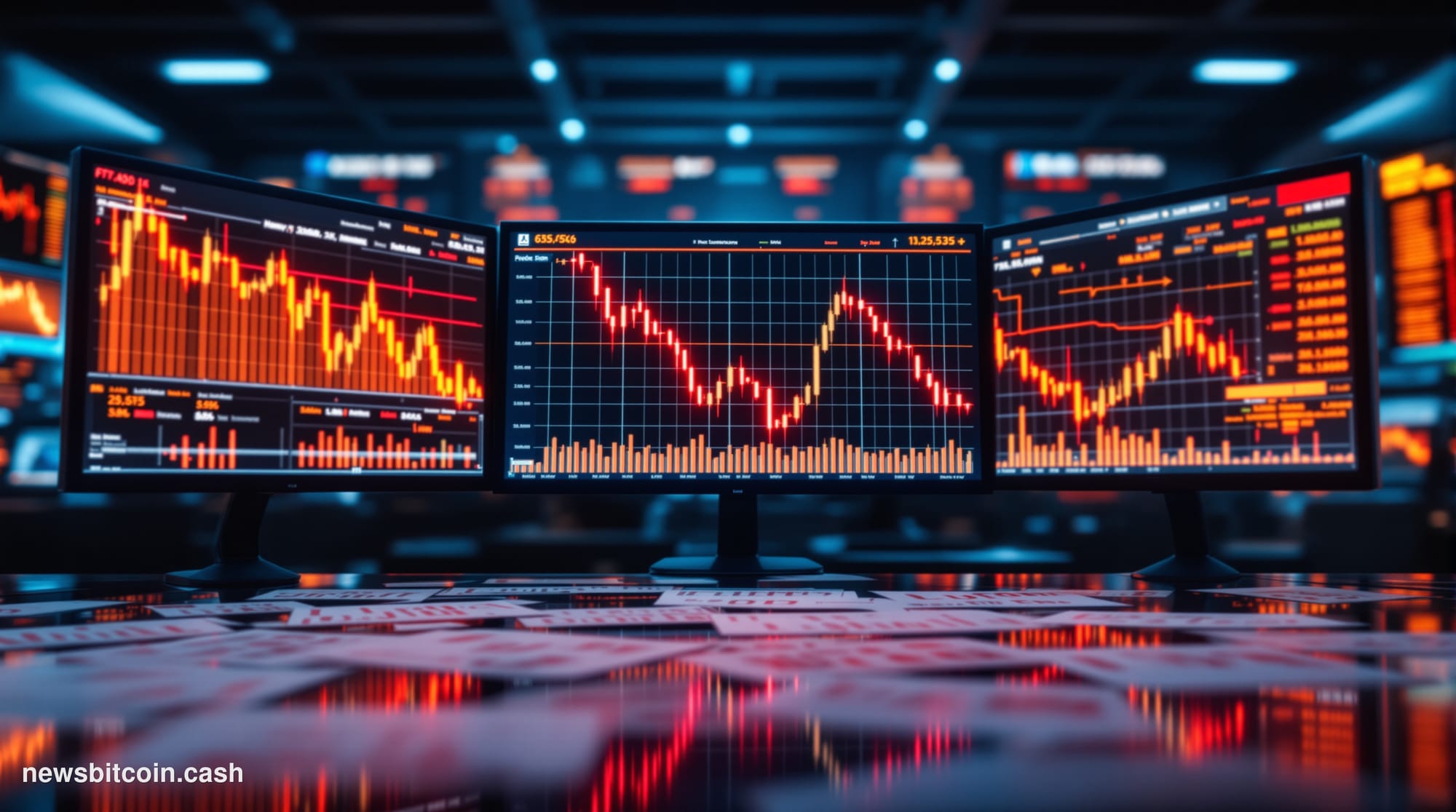 A cinematic photorealistic editorial photograph of a financial trading floor environment shot in dramatic low-key lighting, w