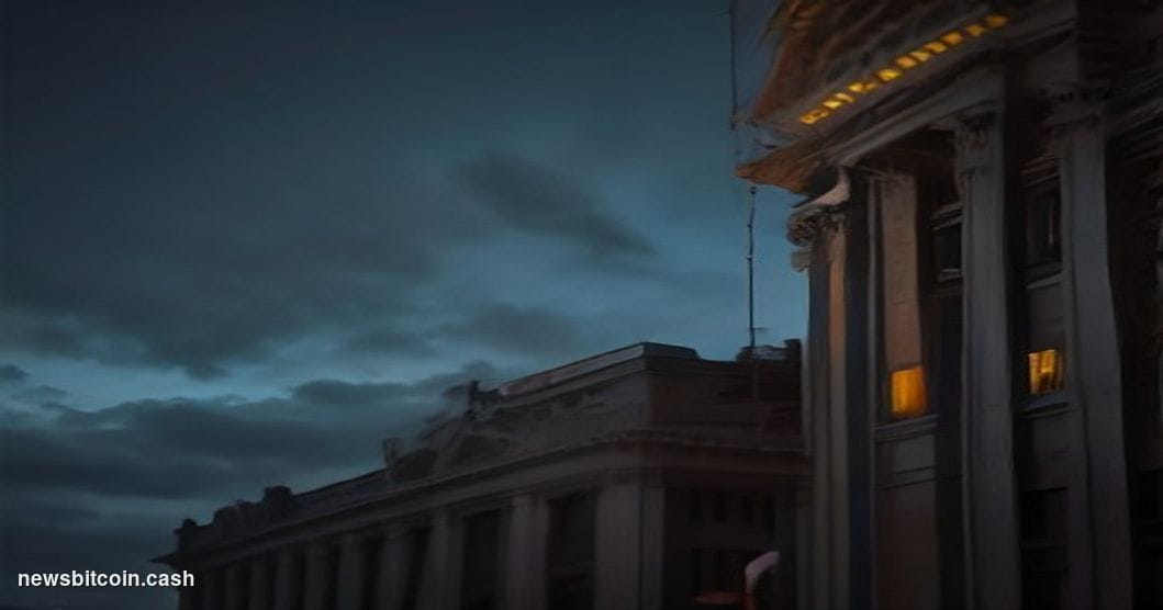 Cinematic photorealistic editorial photograph of a Warsaw, Poland courthouse or government legal building at dusk, shot from 