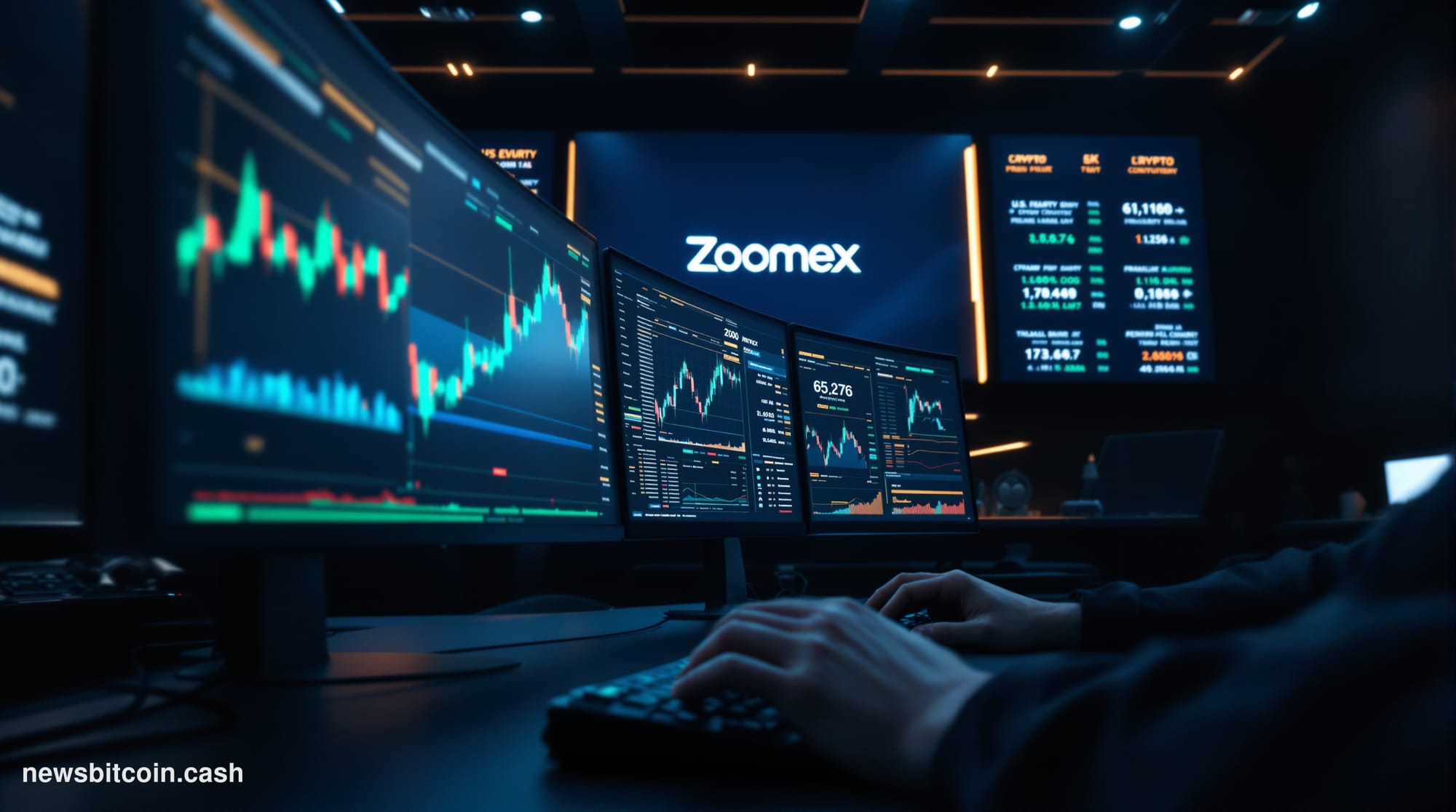 A cinematic photorealistic editorial photograph set inside a sleek, dimly lit global trading floor environment, with multiple