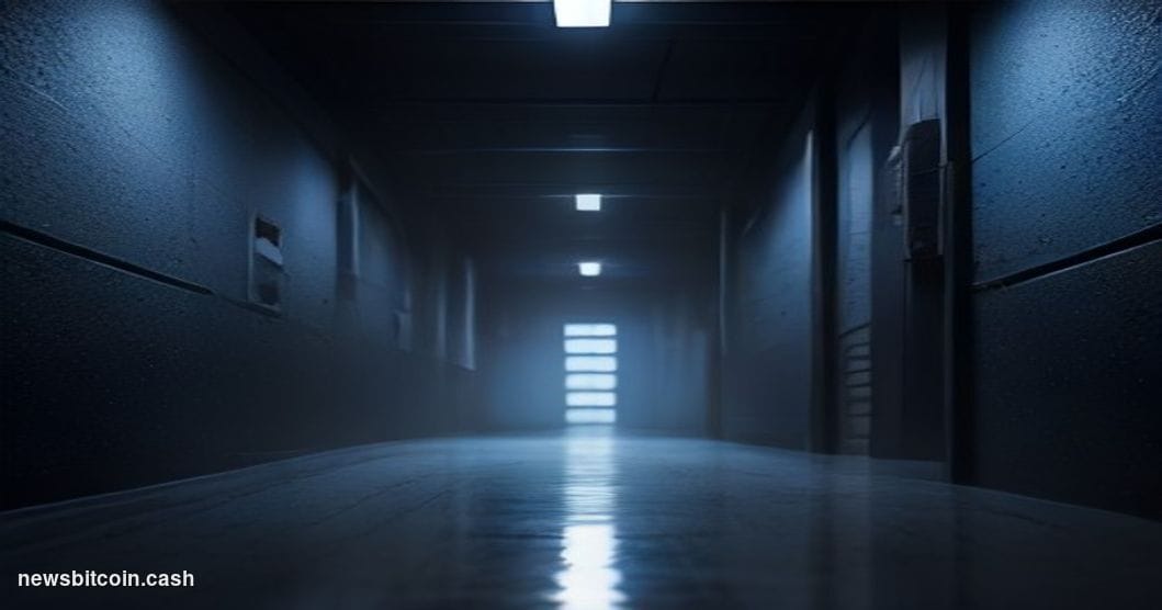 Cinematic photorealistic editorial photograph shot at low angle, looking up at a dark, rain-slicked server room corridor with