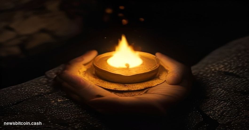 A cinematic photorealistic editorial photograph showing a weathered hand holding a single gold Bitcoin coin above a small con