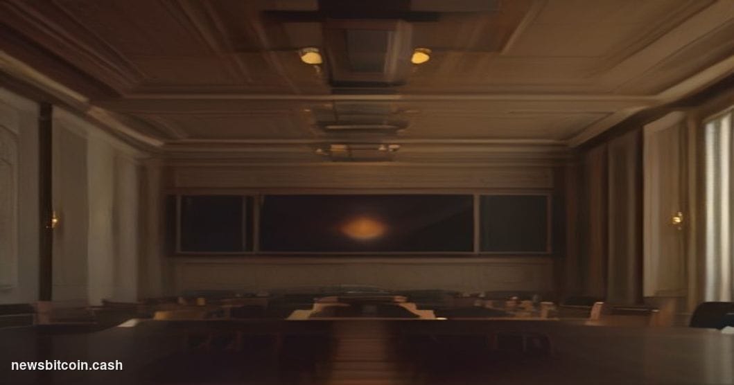 Cinematic photorealistic editorial photograph of a grand banking conference room at dusk, with 21 nameplate placards arranged