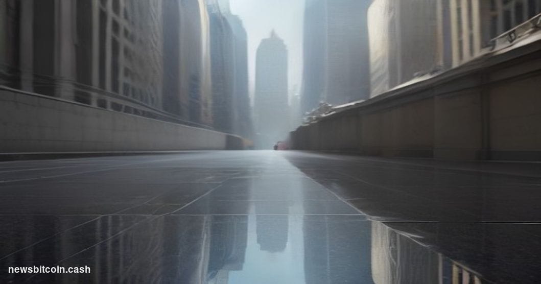 Cinematic photorealistic editorial photograph of a grand marble-clad financial district corridor — evoking Wall Street's icon