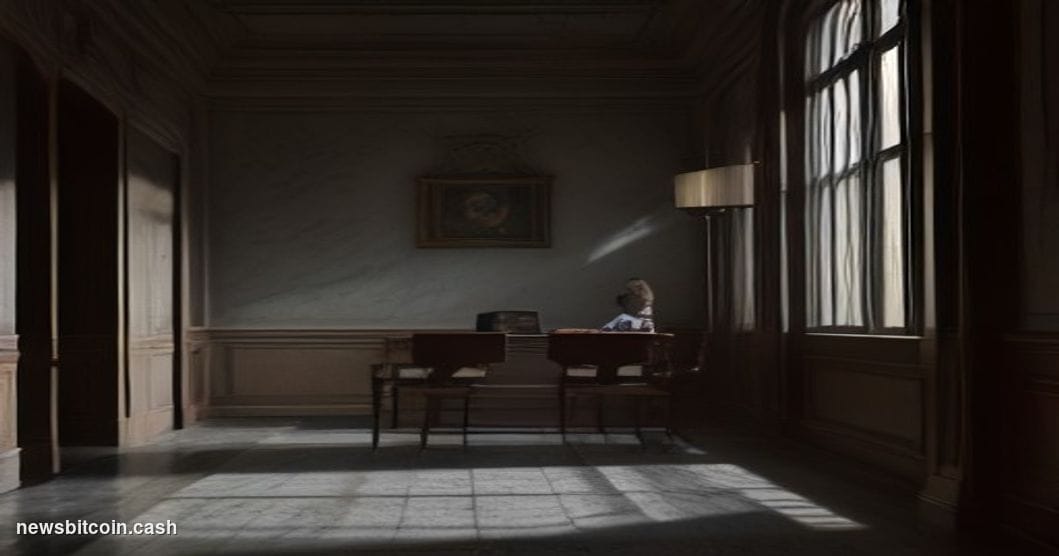 A cinematic photorealistic editorial photograph set inside a dimly lit federal courthouse corridor, dramatic side-lighting ca