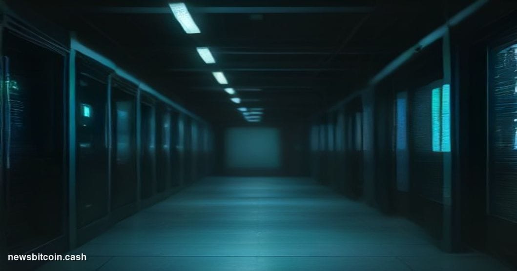 Cinematic photorealistic editorial photograph of a dimly lit server room corridor with deep teal and amber lighting, shallow 
