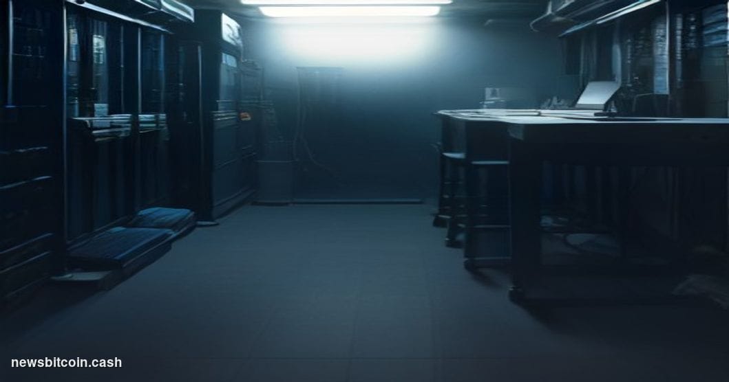 Cinematic photorealistic editorial photograph of a dimly lit server room interior with cold blue lighting casting long shadow
