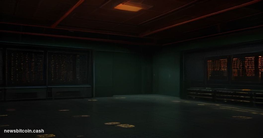 Cinematic photorealistic editorial photograph of a stark, dimly lit server room interior with physical Bitcoin gold coins sca