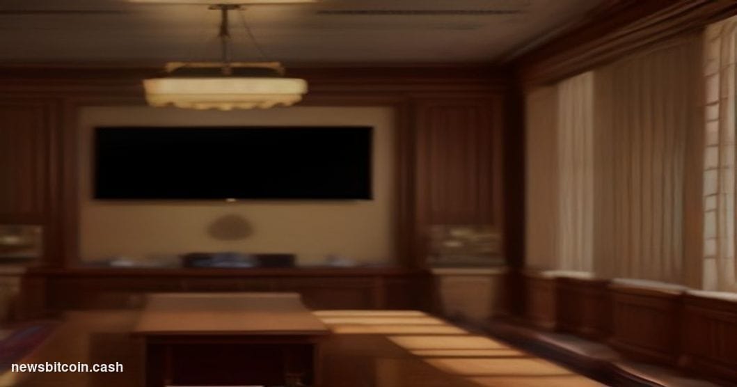 A cinematic photorealistic editorial photograph taken inside a grand, wood-paneled financial trading floor, where a massive c
