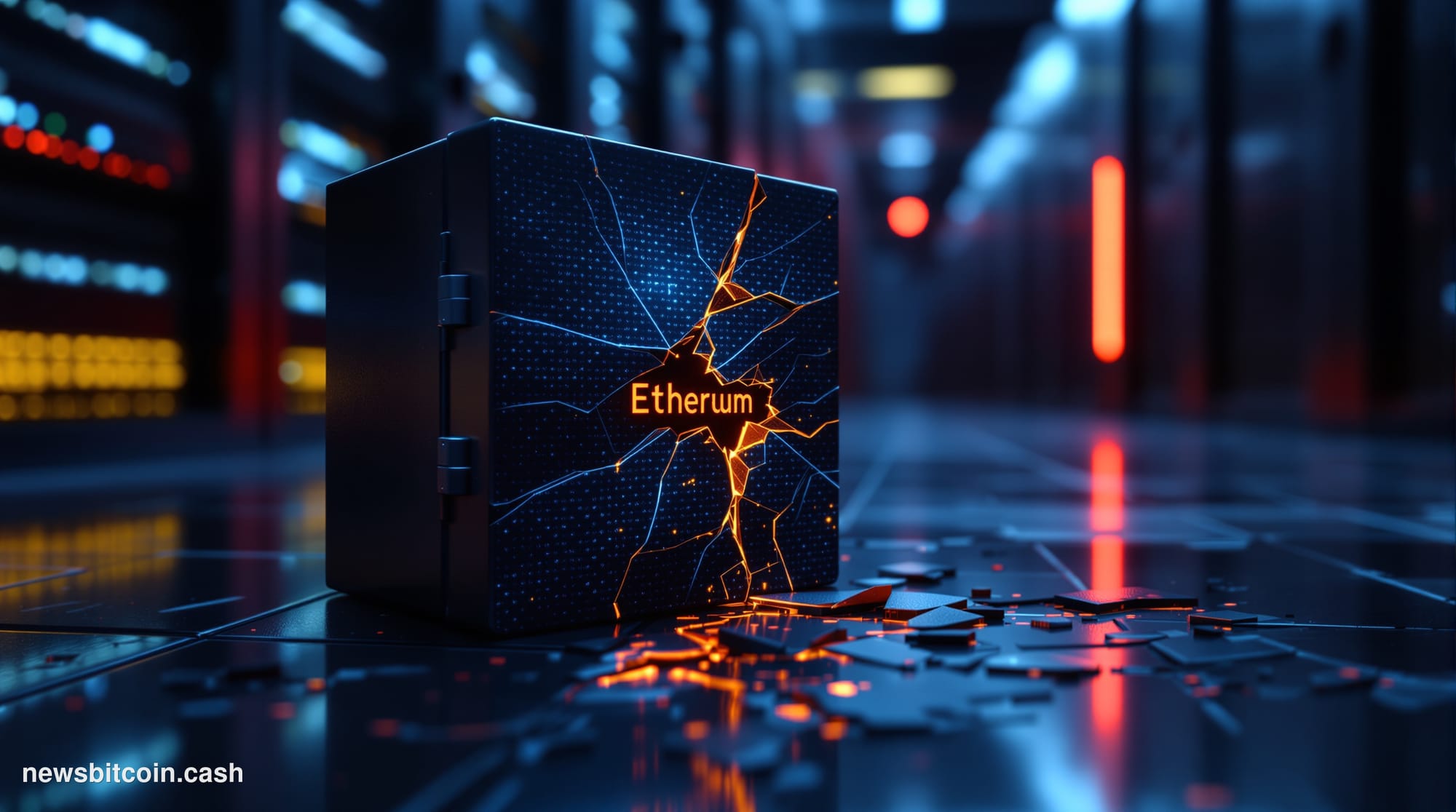 Cinematic photorealistic editorial photograph of a cracked digital vault door rendered as a physical object on a dark server 