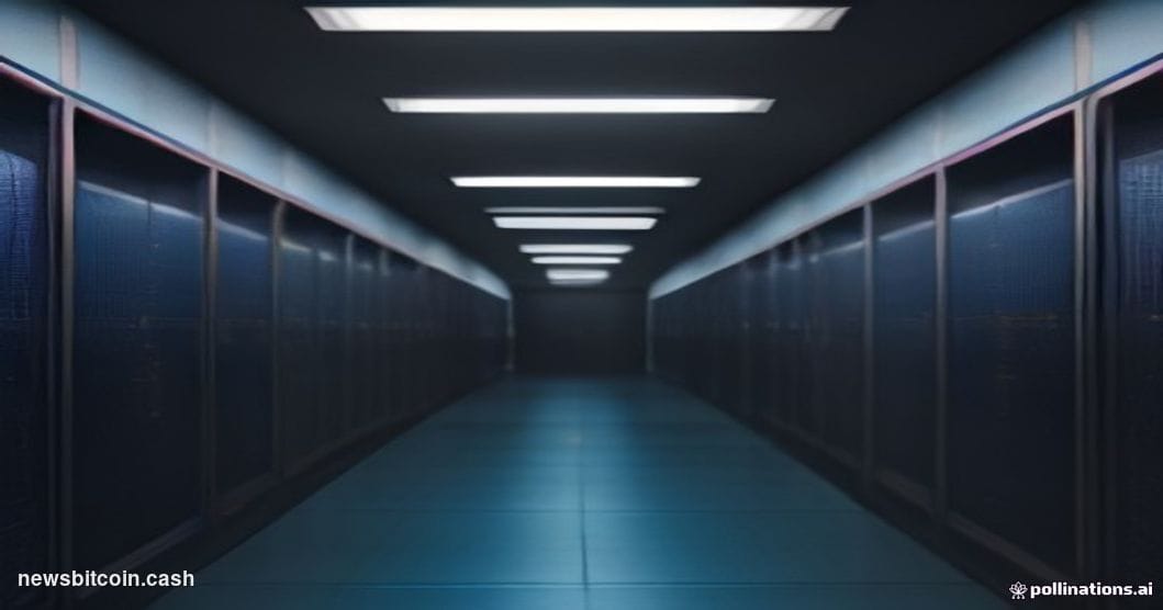 Cinematic photorealistic editorial photograph of a dramatic server room corridor bathed in deep blue and amber emergency ligh